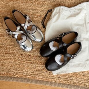 宝小姐芭蕾交叉带银色款圆头软真皮玛丽珍女鞋浅口平底单鞋