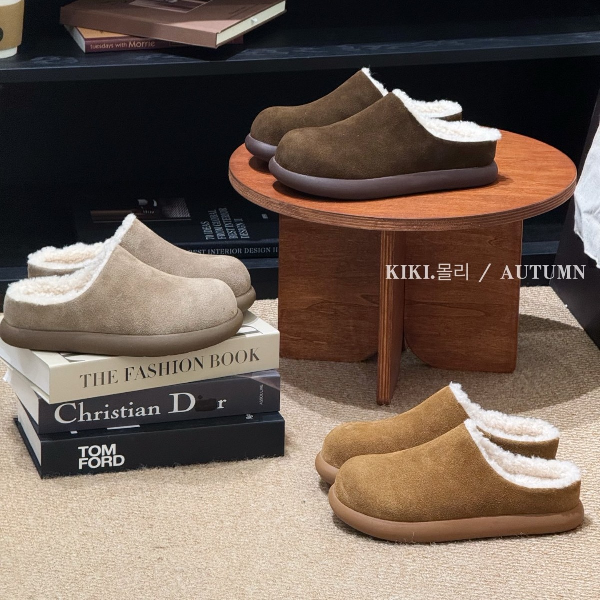 mollykiki 加绒百搭毛毛鞋2025秋冬新款一脚蹬真皮休闲女勃肯半拖