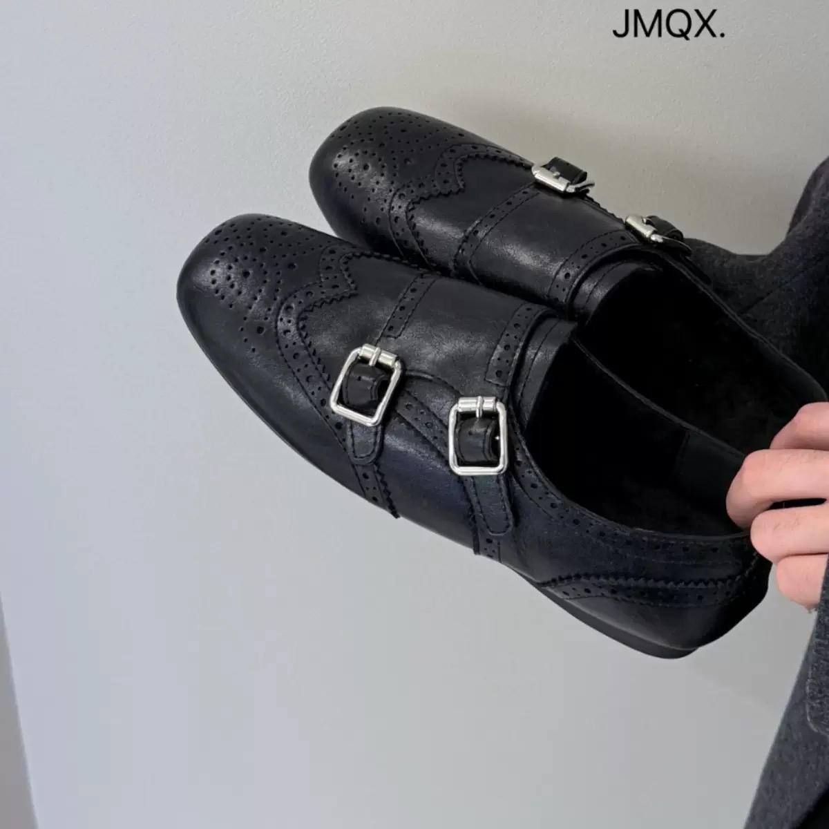 JMQX手工雕花英伦风女鞋复古水洗马皮孟克鞋小皮鞋