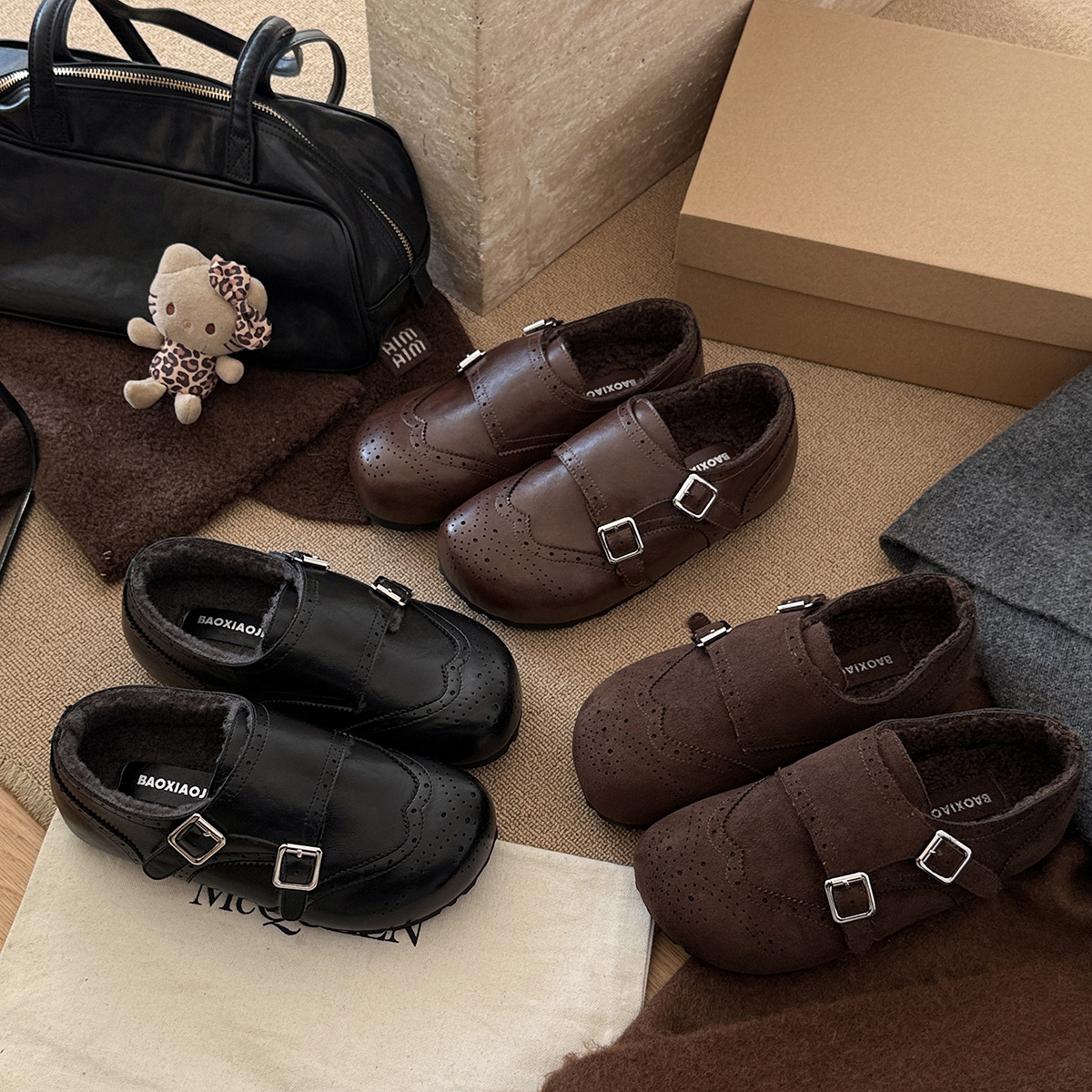 宝小姐森系英伦风小皮鞋女勃肯鞋秋冬加绒圆头皮带扣乐福鞋