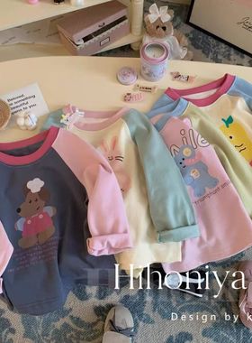 Spring韩国童装2024春秋新款卡通印花韩版拼色插肩袖上衣宝宝秋衣