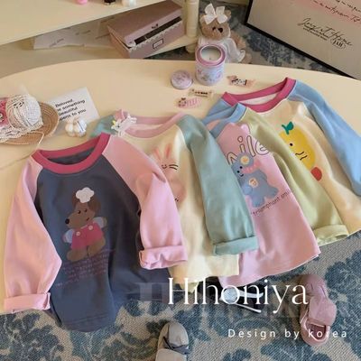Spring韩国童装2024春秋新款卡通印花韩版拼色插肩袖上衣宝宝秋衣