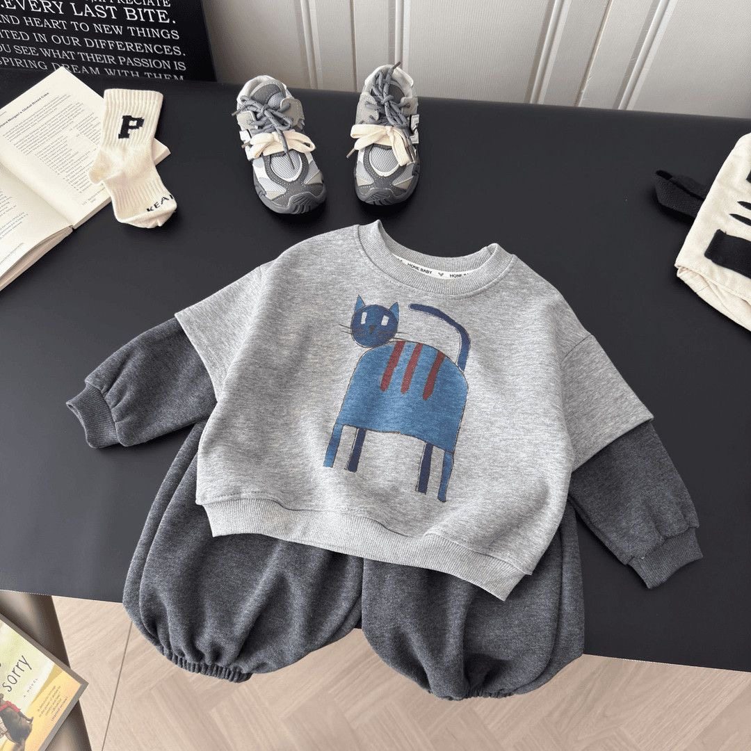 男童假两件长袖卫衣套装春秋季儿童韩版卡通宝宝休闲束脚裤两件套