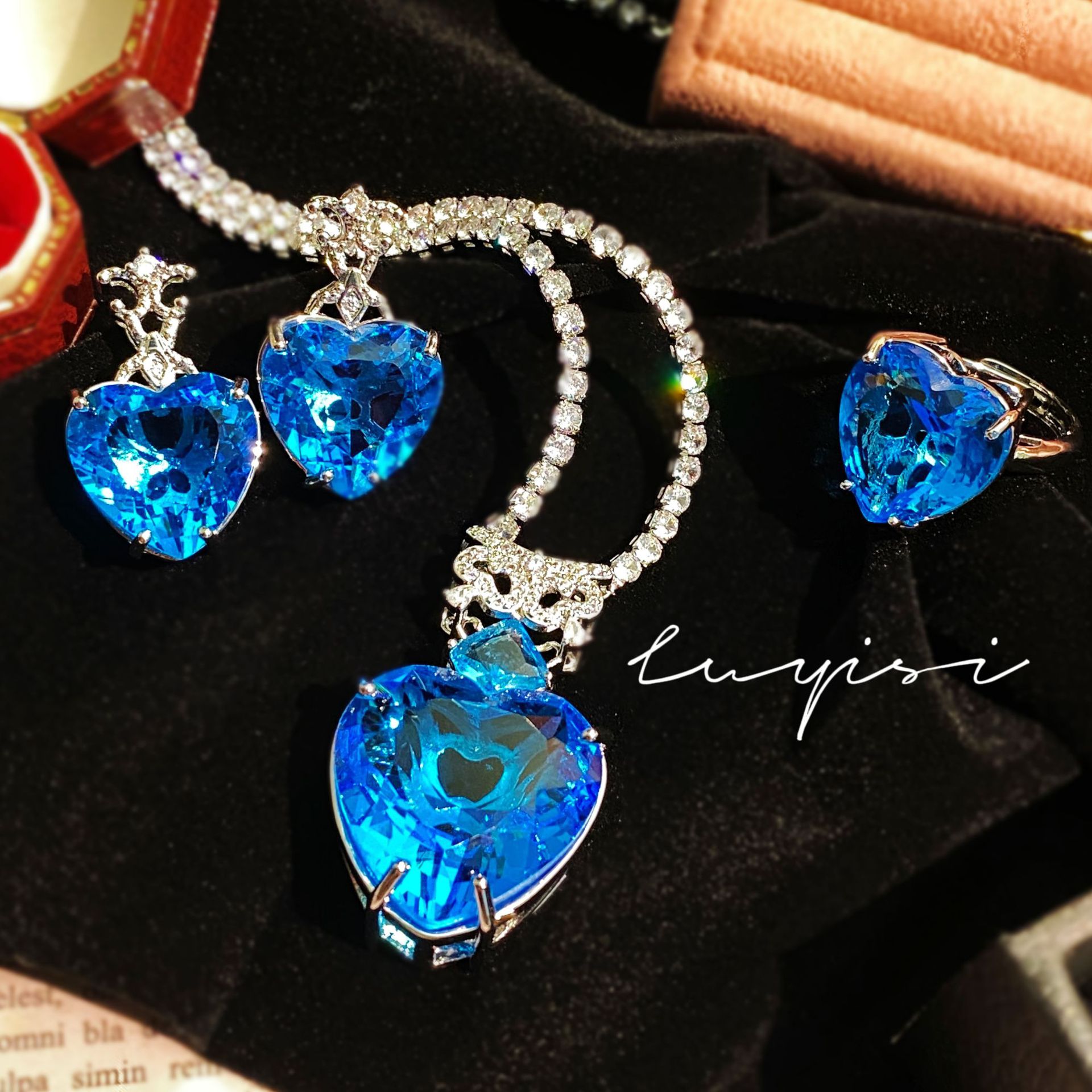 奢华满钻海洋之心蓝宝石套链礼服晚宴耳环新娘珠宝戒指彩宝套装女