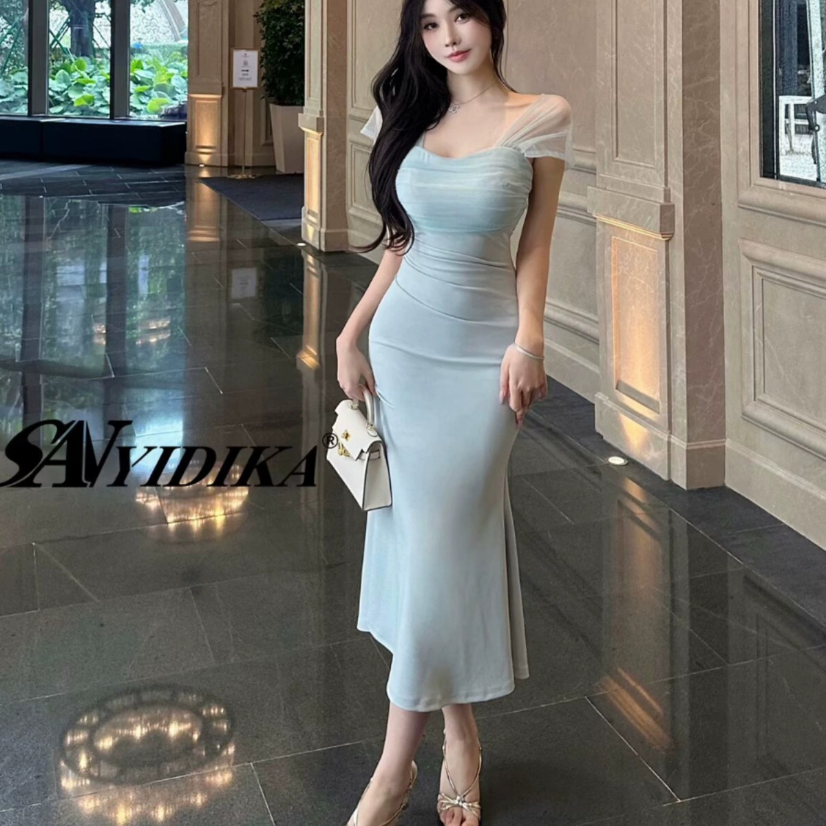 法式纯欲网纱拼接修身长款吊带连衣裙性感一字领抹胸收腰鱼尾长裙