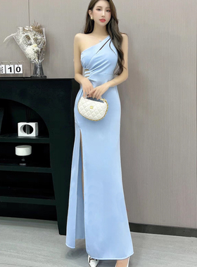 蓝色晚礼服女2024新款高级感气质名媛法式宴会鱼尾裙轻奢小众高端