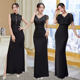 女 显瘦鱼尾黑色流苏连衣裙开叉气质长款 性感晚礼服女2025新款 修身