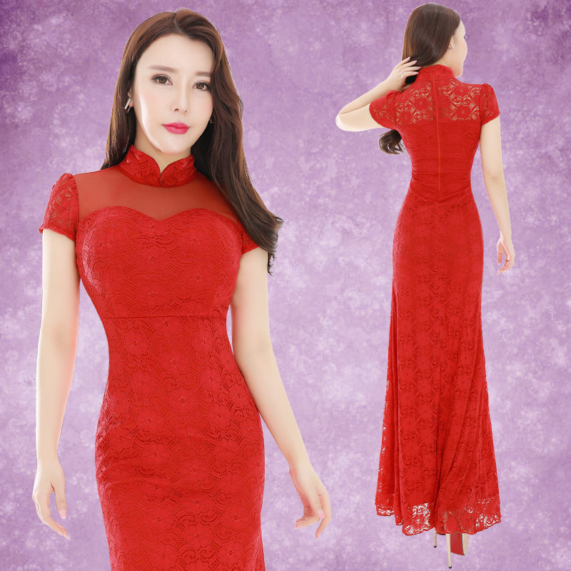 性感夜店长裙晚礼服女2023新款透视名媛晚装连衣裙大红色短袖旗袍