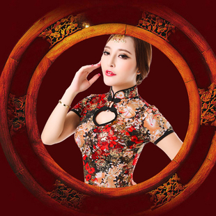 连衣裙2023新款夜店性感女装日常改良复古短袖开叉旗袍裙短款包臀