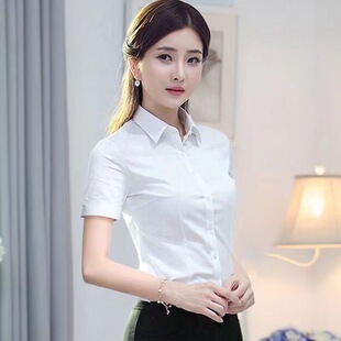 纯棉夏季白色衬衫女短袖工作服方领气质百搭修身显瘦商务职业衬衣