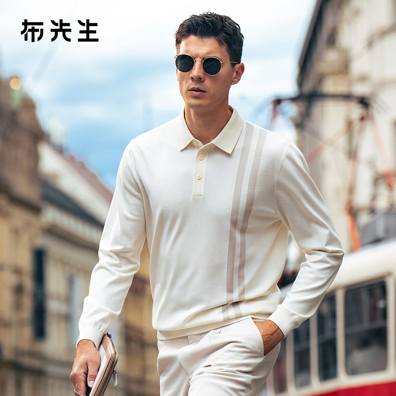 MrBu布先生高级感条纹翻领羊毛t恤男2025秋冬新款长袖毛衣BT16893,男装,针织衫/毛衣,淘宝优惠券,粉丝福利购,淘宝优惠卷