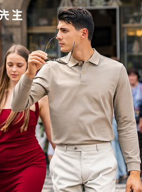 MrBu布先生时尚两粒扣翻领长袖t恤秋冬纯棉百搭上衣男款BT15510