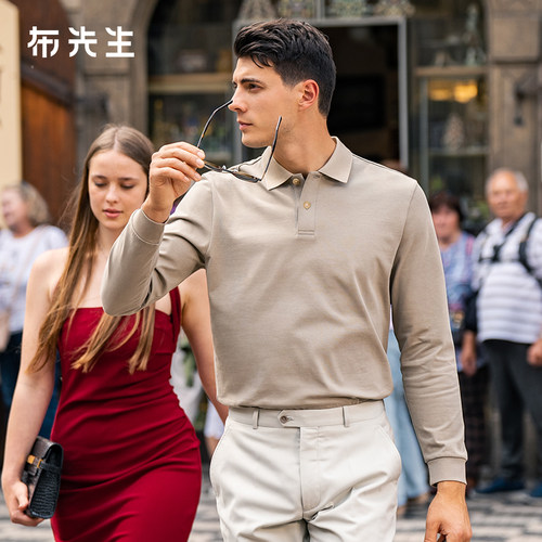 MrBu布先生时尚两粒扣翻领长袖t恤春秋纯棉百搭上衣男款BT15510