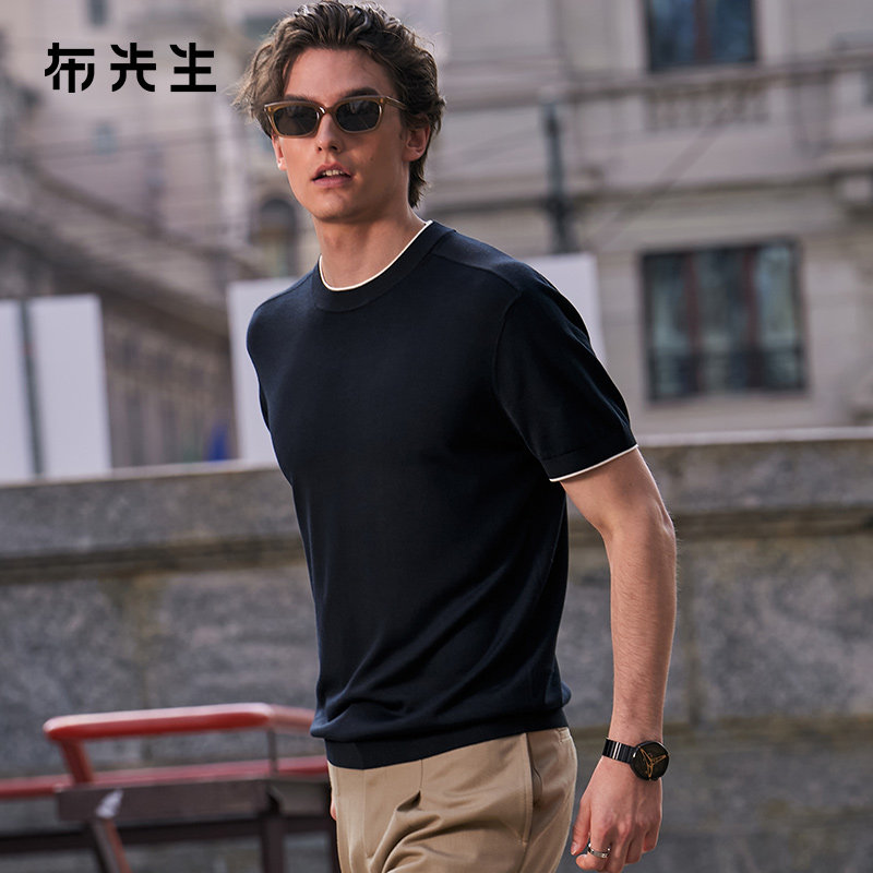 MrBu布先生中年男士绵羊毛短袖毛T圆领纯色老钱风薄款上衣PT17750