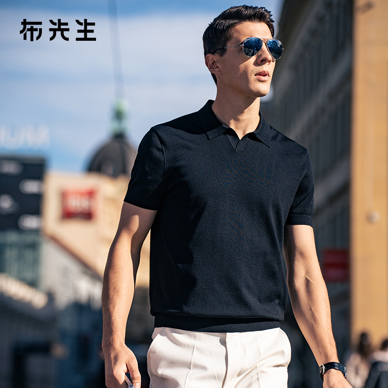 MrBu布先生纯羊毛短袖薄款针织衫男秋季海鸥领t恤男上衣BT15318