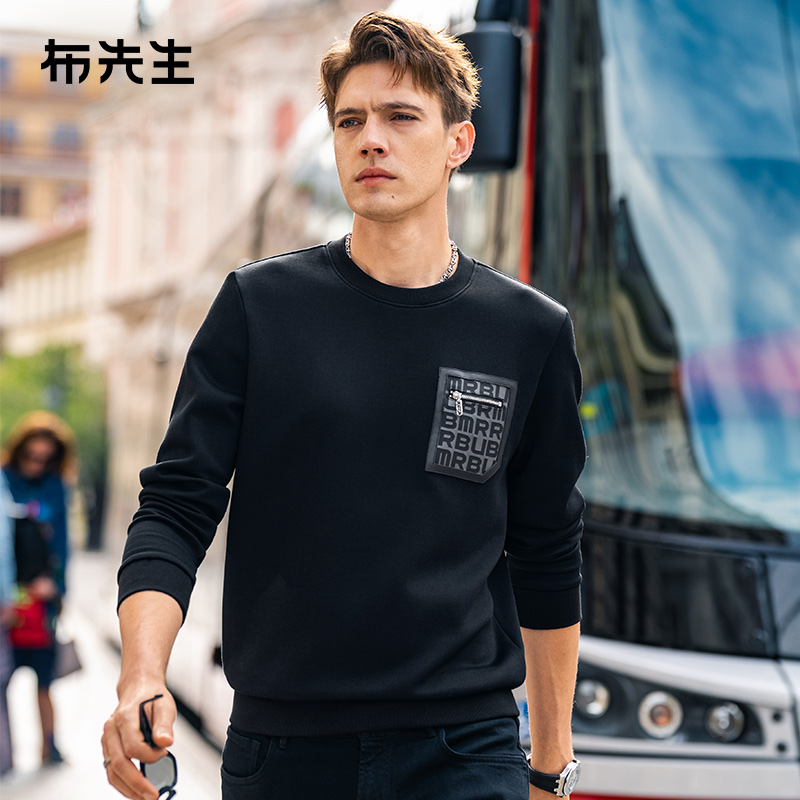 MrBu布先生易打理男款卫衣秋冬字母口袋罗纹圆领肌理长袖PT15596