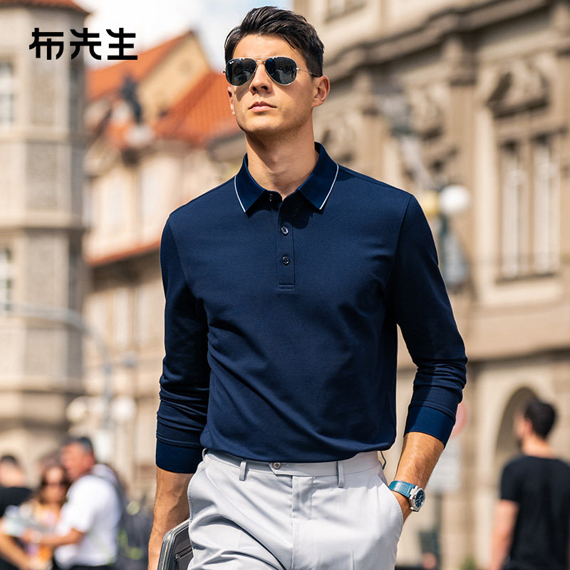 MrBu布先生精致英文刺绣长袖t春秋专利翻领撞色边polo衫男BT15380图片