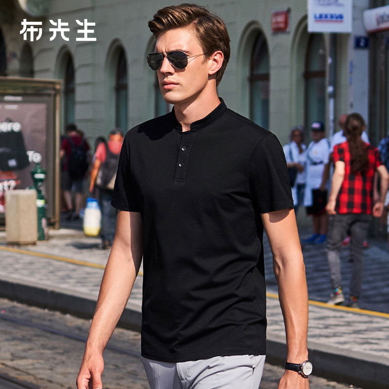 MrBu布先生时尚小V立领丝光棉短袖男T恤纯色透气夏季男装AT10882