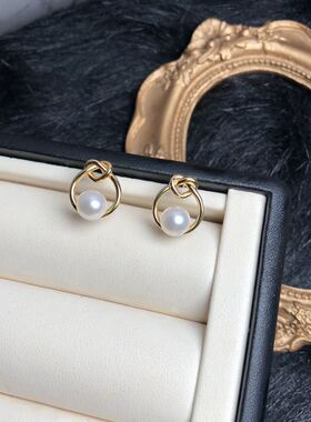 925纯银爱心结耳环天然淡水珍珠7-8mm高厚无暇强光耳钉耳环金色