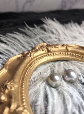 8-9mm天然贝珠耳钉灰色 珍珠耳钉耳环925纯银耳针耳饰