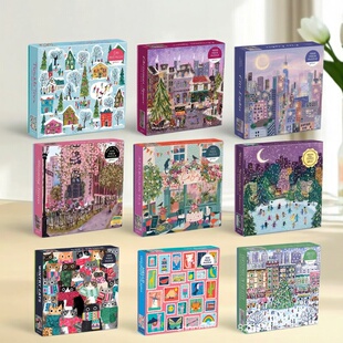 Galison拼图500片成人减压圣诞冬灯教堂猫益智装饰画礼物送胶水