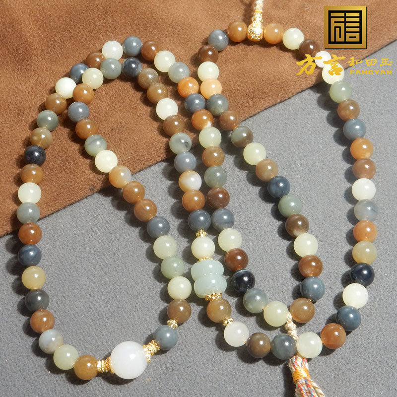 爆火方言和田玉精品大漠古风楼兰三色108颗卡8mm项链多圈手链R1