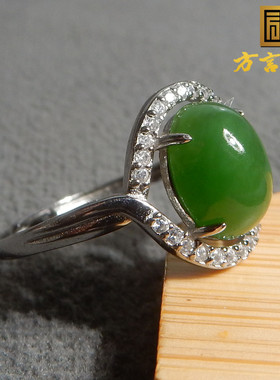 精品级特惠158方言和田玉精品俄罗斯老坑料阳绿碧玉银镶玉戒指R5
