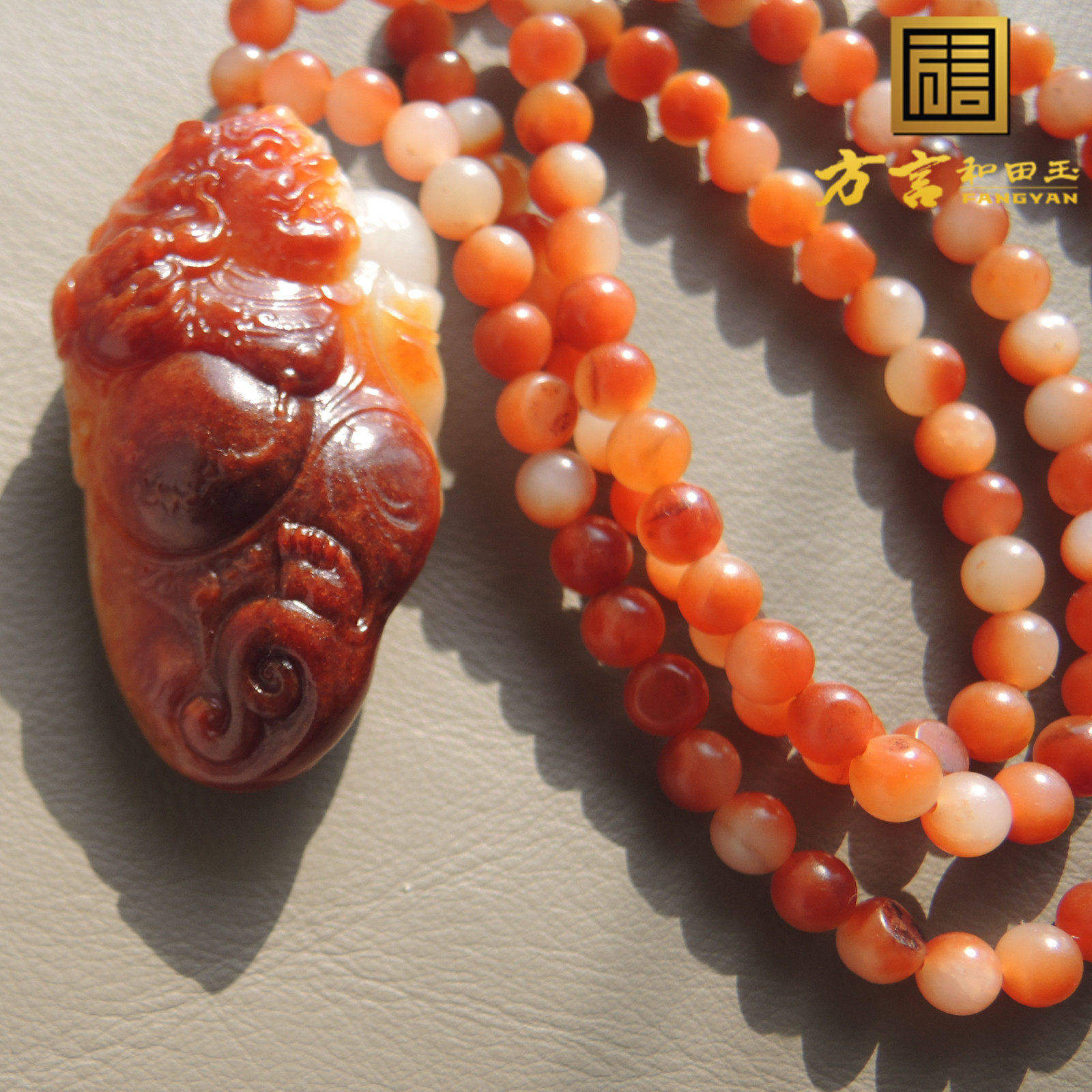 震惊瞭方言品牌和田玉古河道红沁籽料钟馗吊坠橘红沁色圆珠项炼R