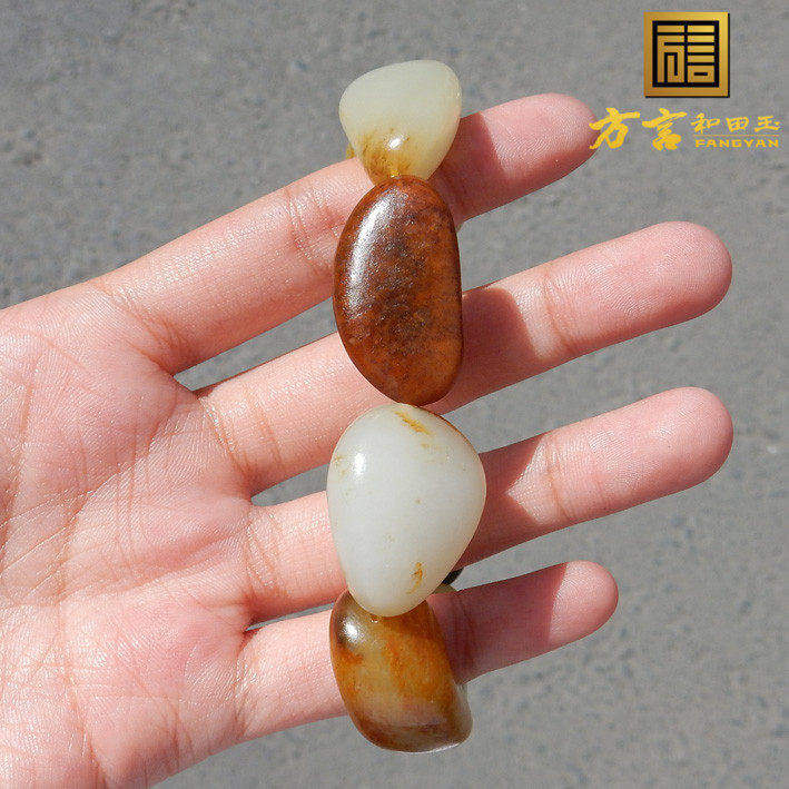 方言精品玉龙河产珍稀鹿皮金包银红沁籽料手串男质朴无修原石链F