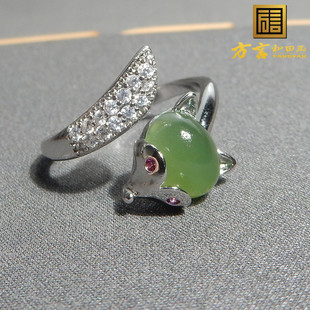 放漏方言和田玉俄老坑料正阳绿碧玉狐狸925银镶圈口可调节戒指R5