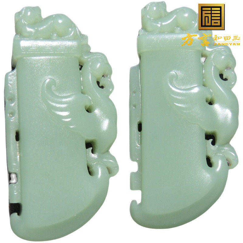 方言618巨漏俄鸭蛋青色无结构碧玉原石精工巧雕福寿双全对牌吊坠R