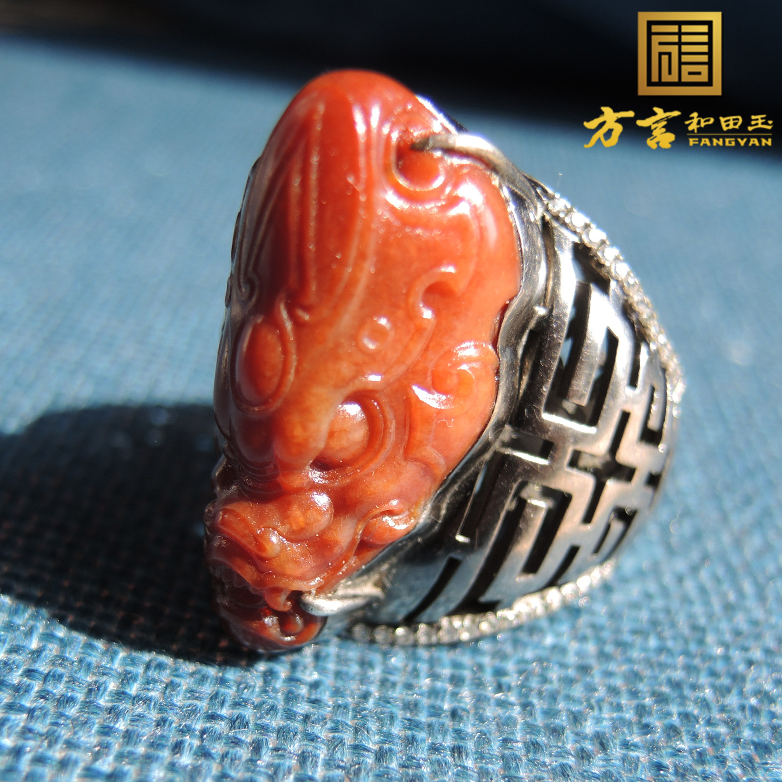 方言巨漏珍品鸽血红色红玉籽料龙头925银镶玉21精品豪华男式戒指R