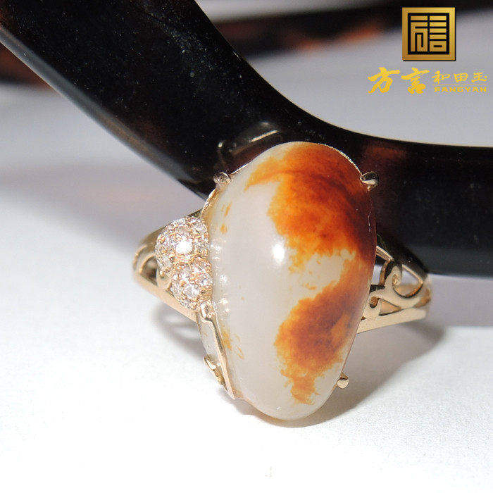 方言精品放大漏稀少聚红皮羊脂玉籽料镶真钻金镶玉女式豪华戒指R