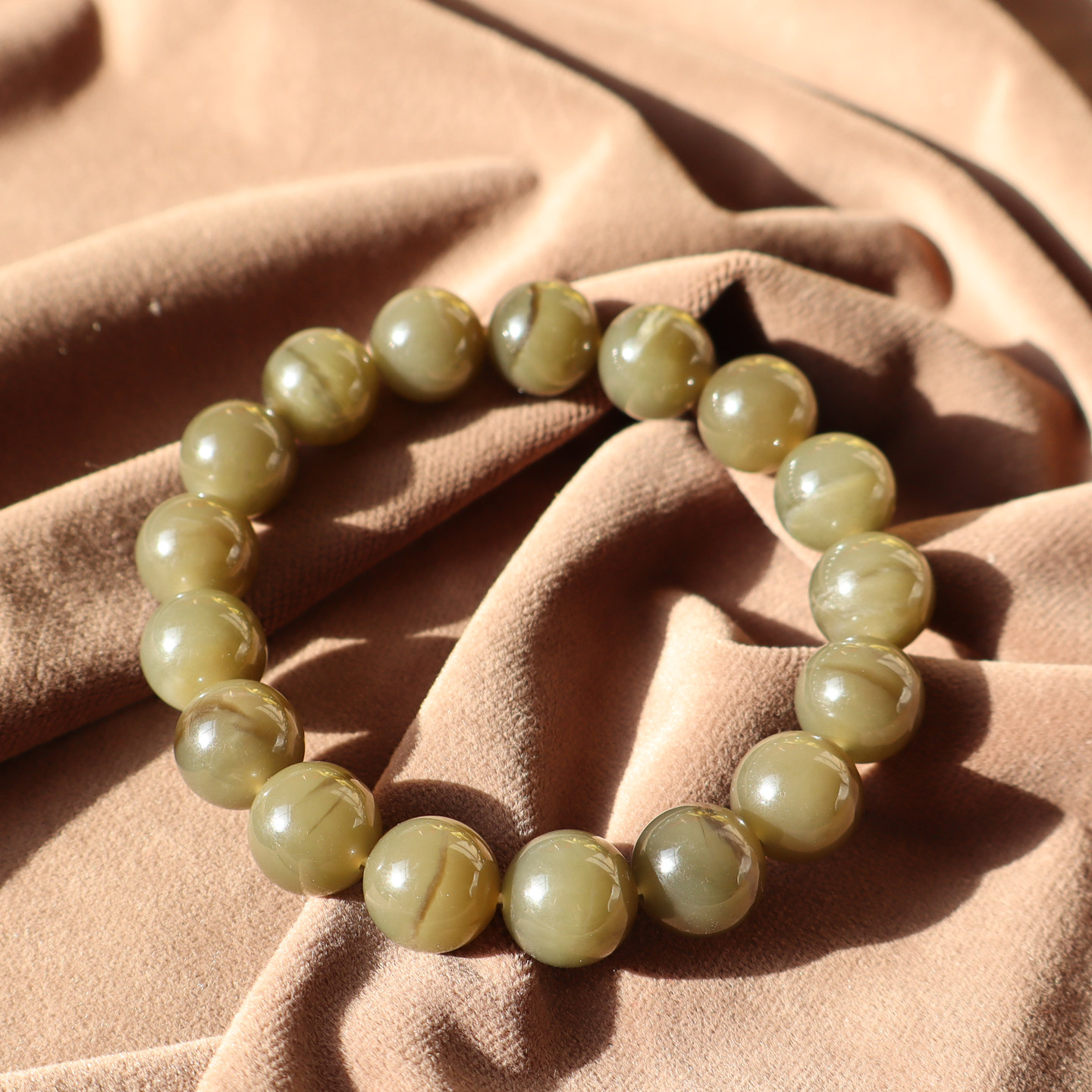 方言和田玉巨漏俄罗斯油润细腻黄碧玉一线猫眼12mm圆珠手串手链A2