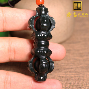 方言和田玉精品放巨漏新疆塔县黑青玉细料精雕降魔杵小吊坠挂件X