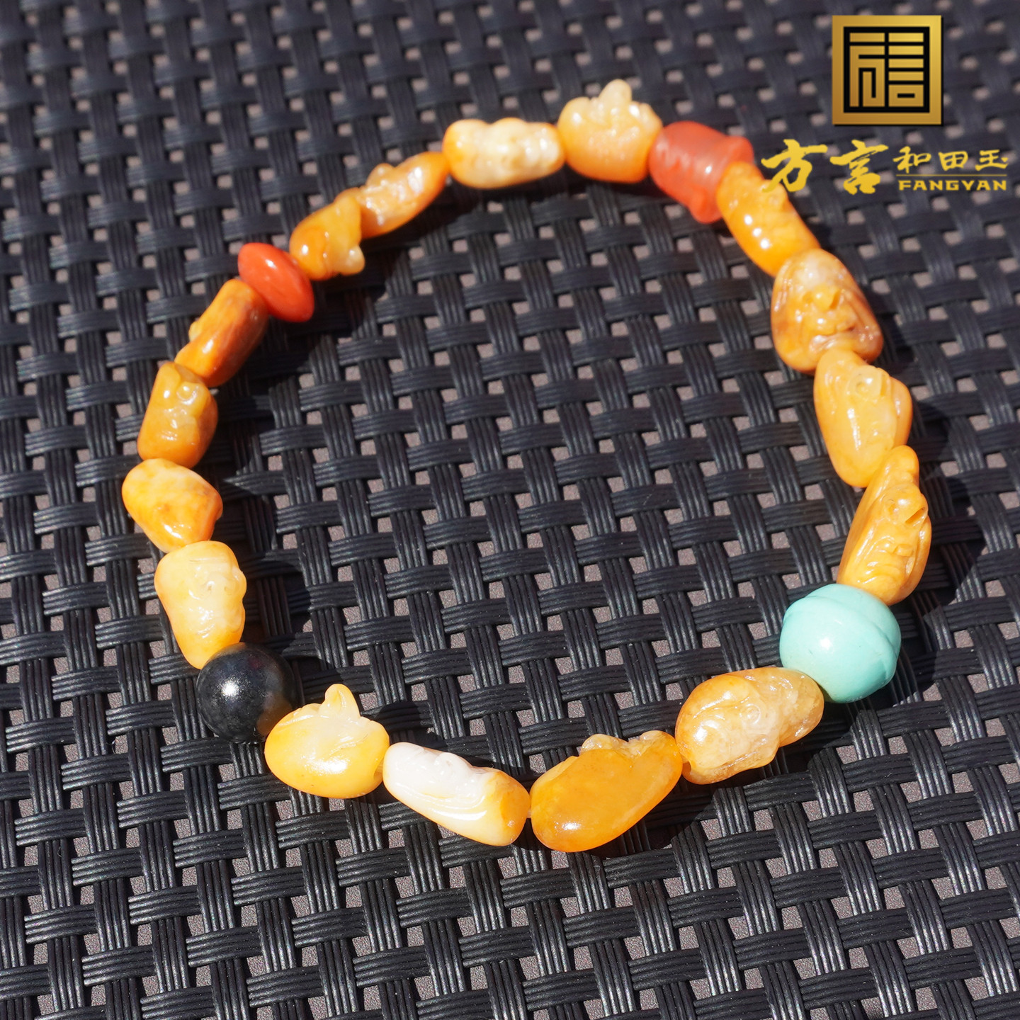重磅方言和田玉新疆黄沁金包银籽料独籽混搭绿松石南红罗汉手串A6