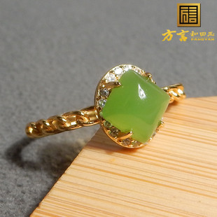 特惠方言和田玉俄罗斯乌兰海碧玉高冰苹果绿银镶玉可调节戒指R5