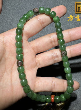 放漏方言和田玉罕见精品新疆戈壁料菠菜绿碧玉留皮直切手持手串S6
