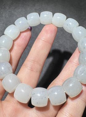 美滋滋方言新疆和田玉老熟羊脂白玉底点墨青花籽料12mm直切手串S6