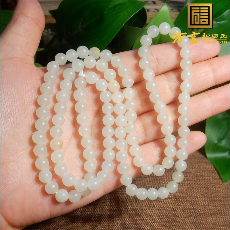 方言和田玉精品放巨漏新疆挂金皮白玉籽料6mm圆珠项链多圈手链X