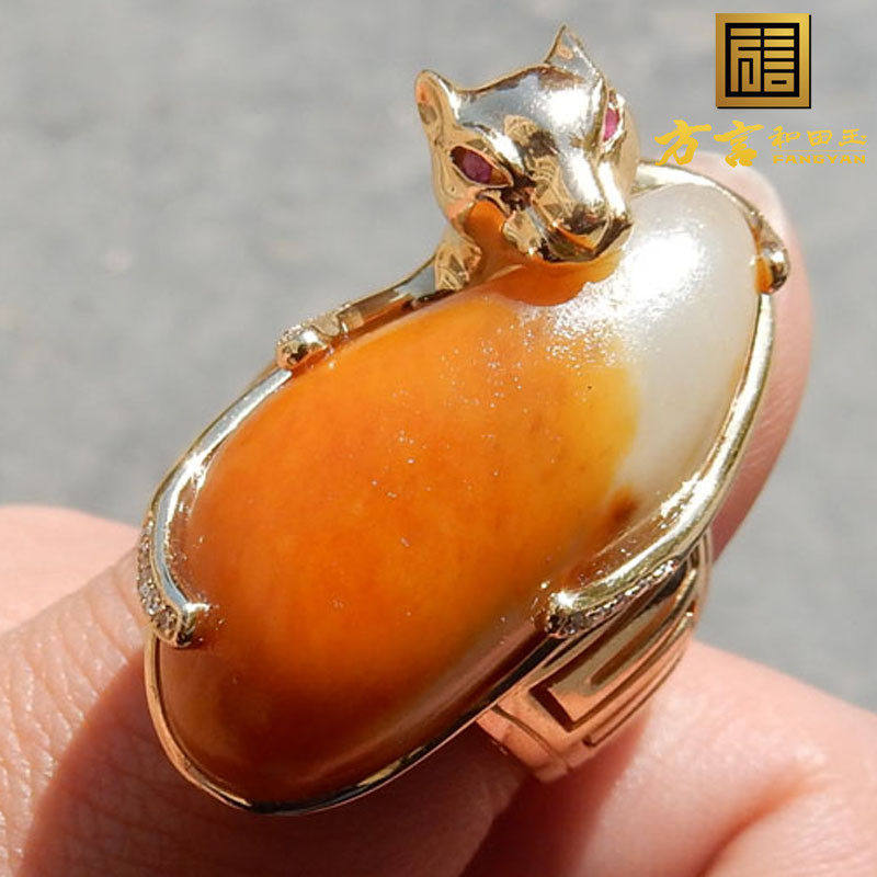 方言精品放大漏12万元珍稀俏皮名品红桔皮包银18K金镶玉真钻戒指F