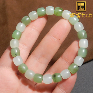 方言和田玉俄罗斯乌兰海苹果绿青海白玉双色卡8mm直切手串手链R1