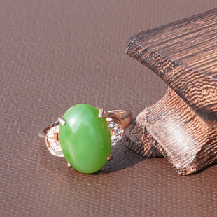 方言和田玉精品俄罗斯老料阳绿碧玉无黑点银镶玫瑰金可调圈戒指A6