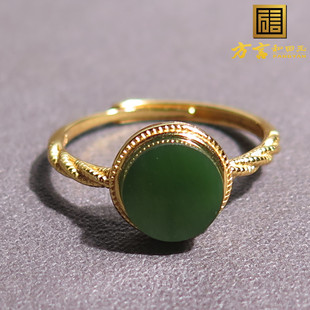 火爆方言品牌和田玉收藏俄料菠菜绿碧玉925银镶可调节正品戒指X7