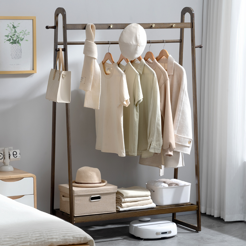 挂衣架子落地卧室床尾晚上放衣服神器家用衣帽架实木床边晾衣置物