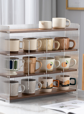 亚克力杯子收纳桌面水杯茶杯马克咖啡杯防尘九宫格杯架实木置物架