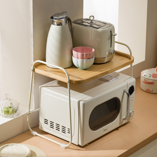 原木奶油风微波炉置物架厨房多功能台面电饭煲收纳架储物烤箱支架