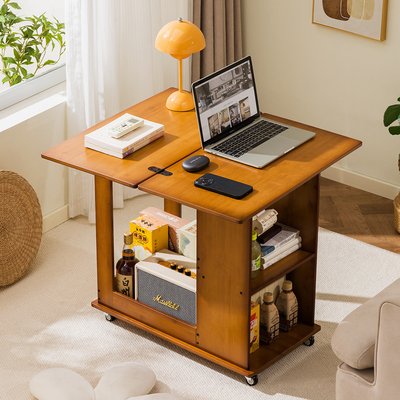 可移动边几茶几沙发边柜中古小桌子小户型折叠推车客厅置物架实木
