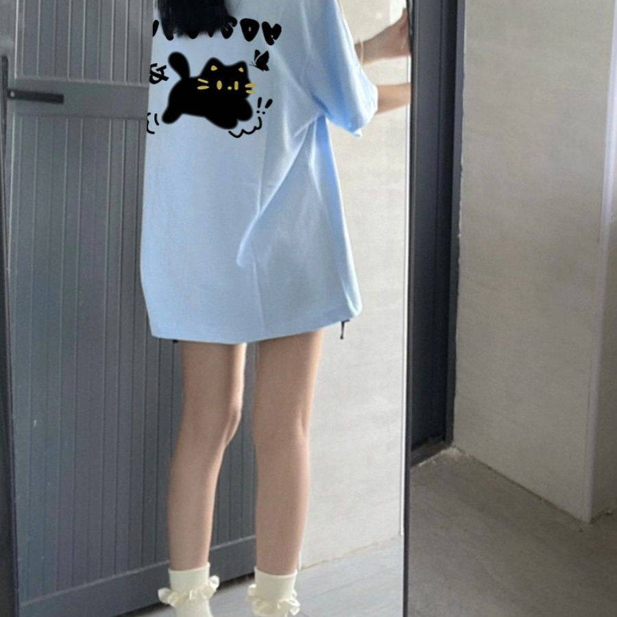 天蓝色复古可爱猫咪短袖t恤女装T恤