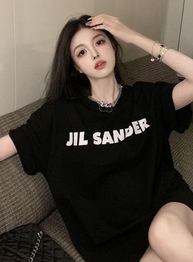 100%纯棉美式复古黑色短袖T恤女夏季潮牌oversize宽松chi半袖上衣